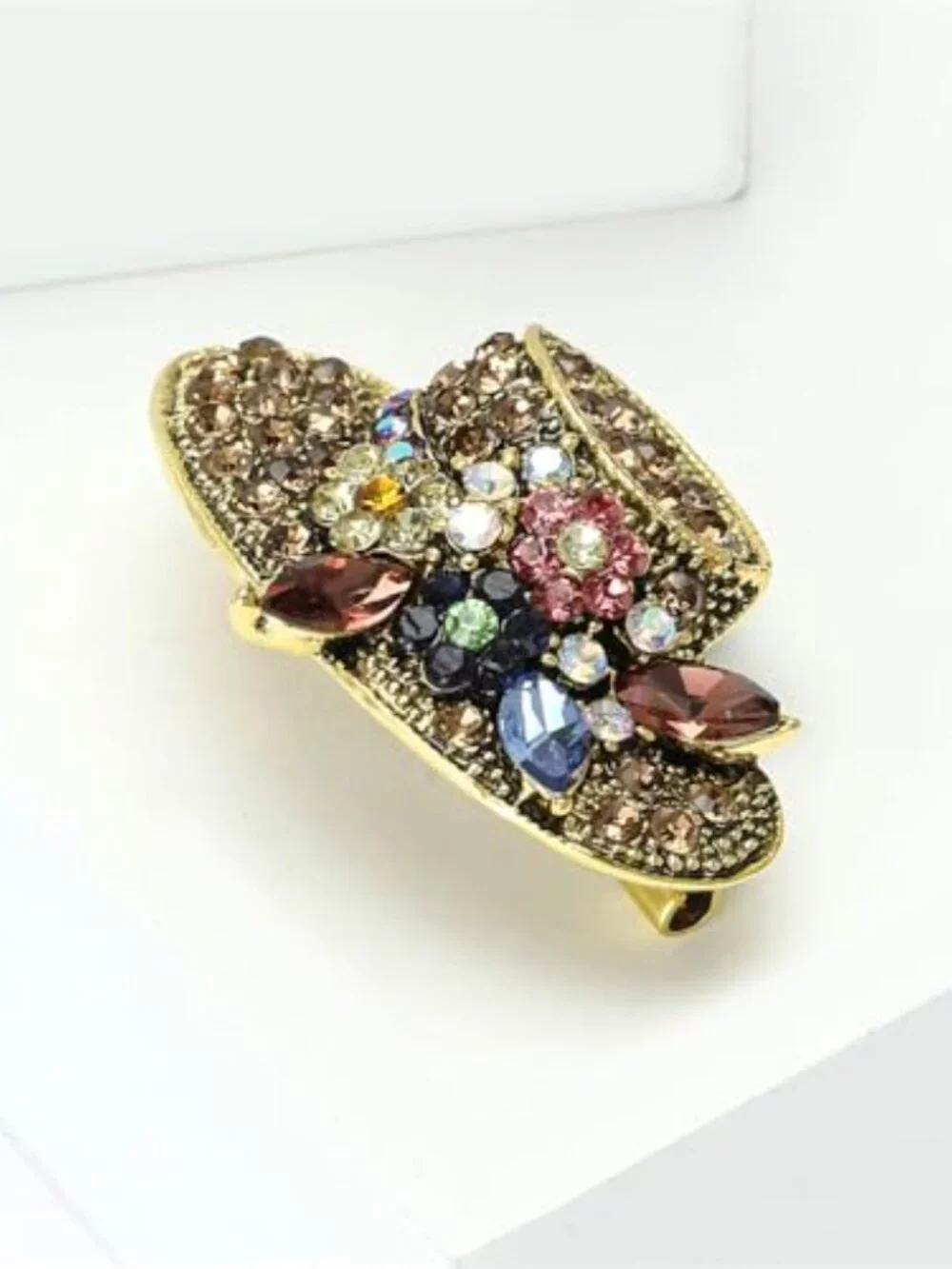 New - Rhinestone Sun Hat Brooch‎ Pin for Women Cute Colorful Flower